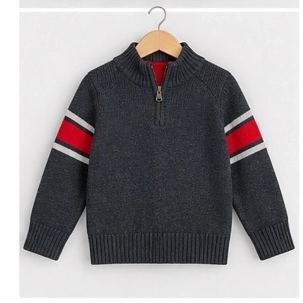 OshKosh B'gosh Toddler Boy 3T Gray Quarter Zip Cotton Sweater Red Stripe